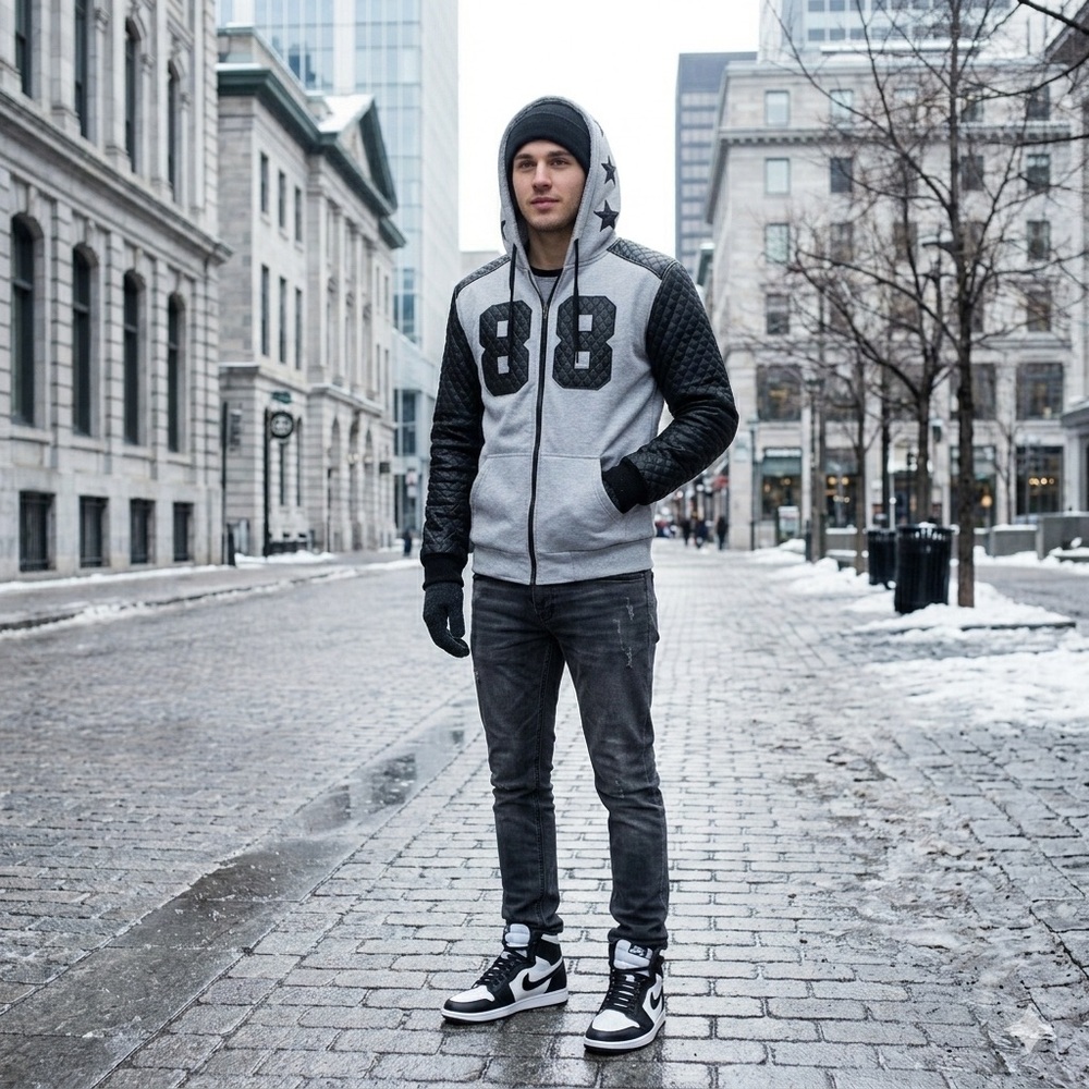 ⭐️ NWT Mens Star Black Gray Streatwear 88 Hoodie Modern Zip-up Size Large